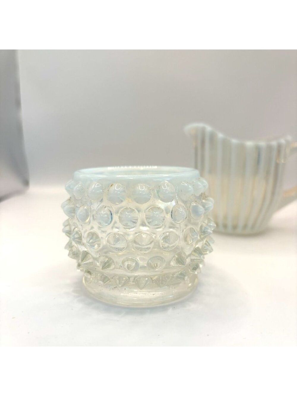 Vintage Opalescent Glass Hobnail Sugar Bowl and Ribbed Creamer Set - Picture 4 of 6